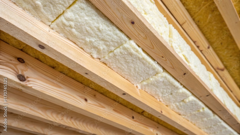 Poster A closeup image showcasing the interface between timber joists and insulation material revealing the careful layering strategy designed to enhance energy efficiency with soft