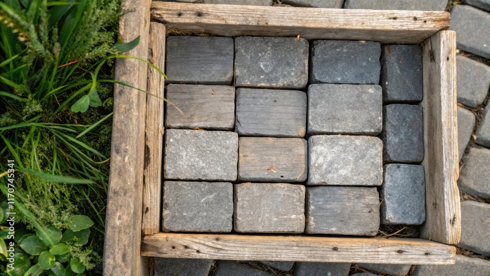 Poster A closeup highlighting the contrast between the rough texture of the wooden crate and the uniformity of the paving stones within it. The crates weathered edges are framed by a