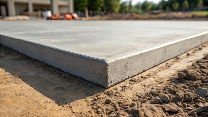 A closeup image focusing on the sleek edge of the concrete slab revealing the neat transition from the leveled surface to the untamed ground. The leveling marks create subtle