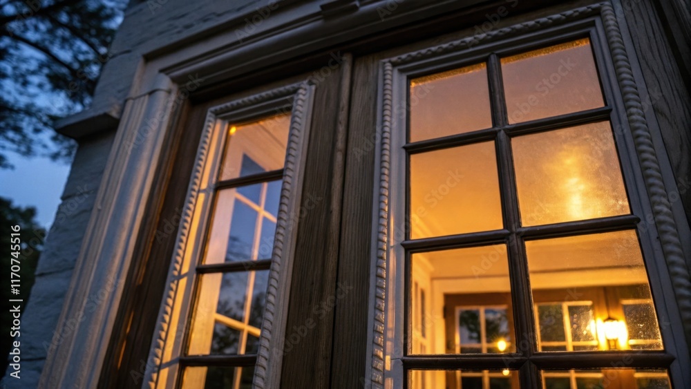 Poster A closeup of a French door frame at dusk with protective tape reflecting the soft glow of ambient light. The interplay of shadows and highlights accentuates the craftsmanship and