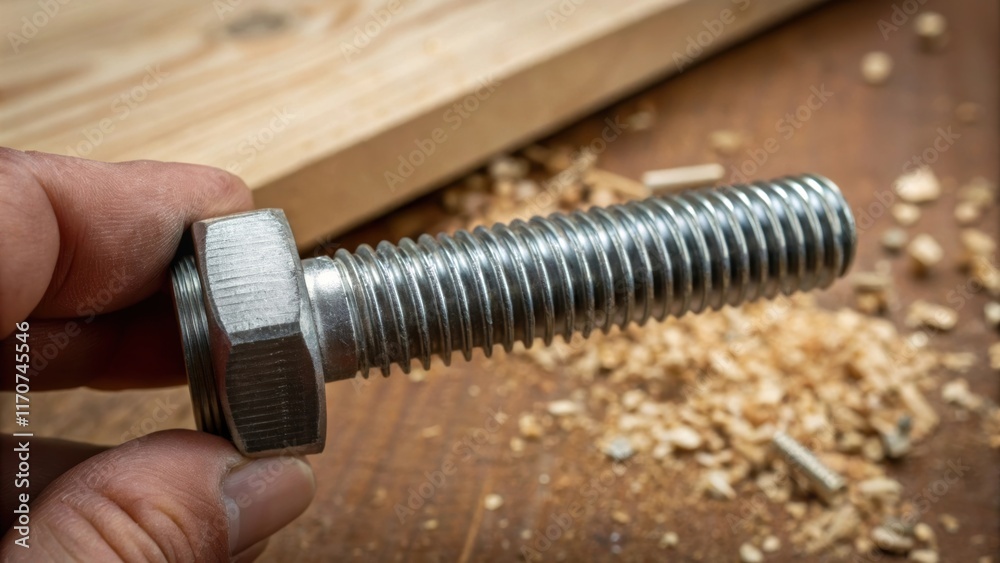 Poster a closeup of a hand gripping a heavyduty bolt the metallic threads catching the light while a wooden