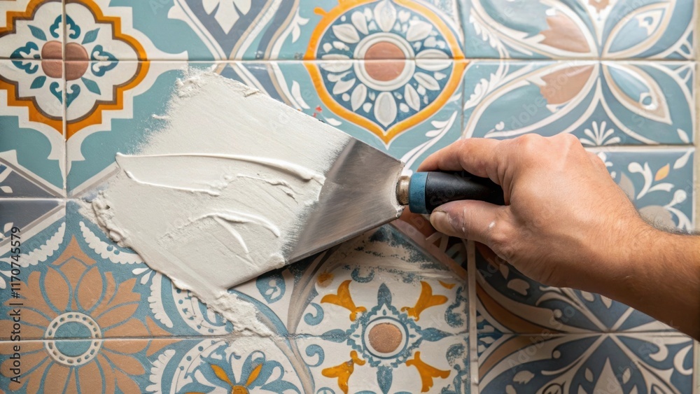Poster a closeup of a hand gripping a trowel skillfully spreading a thick layer of creamy grout between the