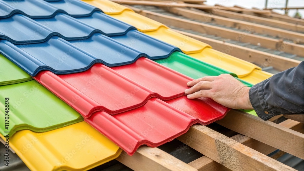 Poster a closeup of a hand gripping a prepainted roof tile fingers carefully positioning it for placement. 