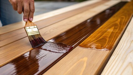 A closeup of a hand applying a rich stain to the wooden boards showcasing the application process. The deep glossy liquid contrasts beautifully with the raw wood beneath