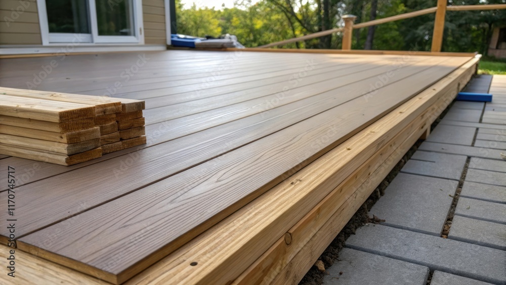 Poster a closeup of a partially finished composite deck with stacked planks nearby. the rough unfinished wo