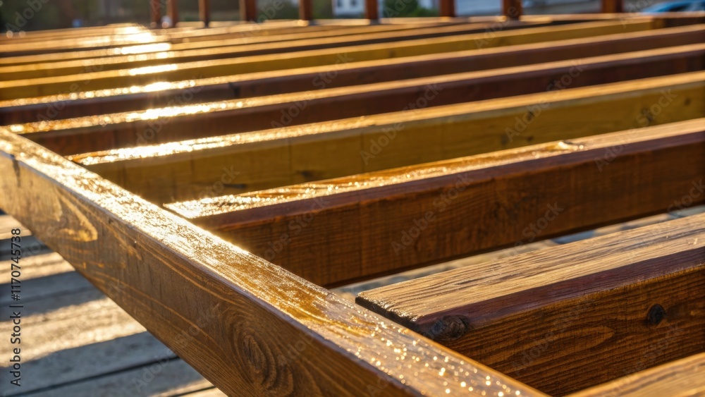 Aufkleber A closeup of a row of wooden framework sections freshly painted in a protective sealant reflecting hues of warm browns and golden tones. The surface glistens in the afternoon