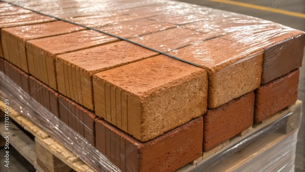 Poster a closeup of a partially unwrapped section of a brick pallet revealing the raw unpolished surface of