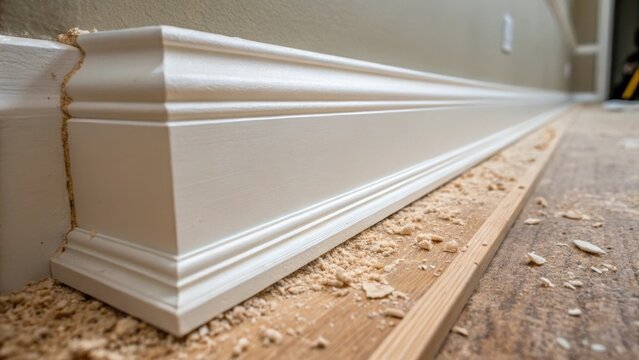 A closeup of a section of crown molding during installation capturing the precision and attention to detail required for a flawless finish. The sawdust on the floor hints at the