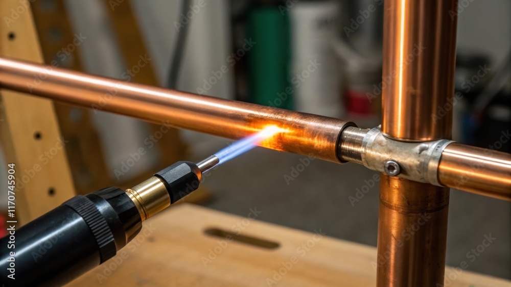 Aufkleber A closeup of a soldering torch positioned next to a gleaming copper pipes joint capturing the moment of craftsmanship. The flame flickers gently as the soft glow of the heated