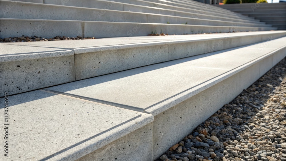 Poster A closeup of a specially treated surface of the precast concrete showcasing a polished finish that glimmers under the sun. The steps slight overhang visually softens the sharp