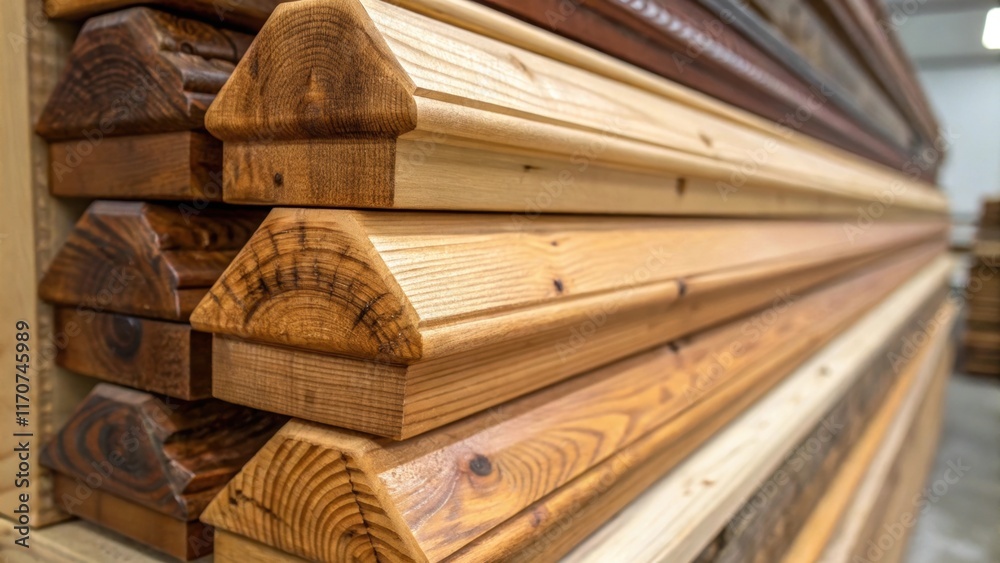 Poster a closeup of a stack of reclaimed wood trim moldings showcasing their unique knots and grain pattern