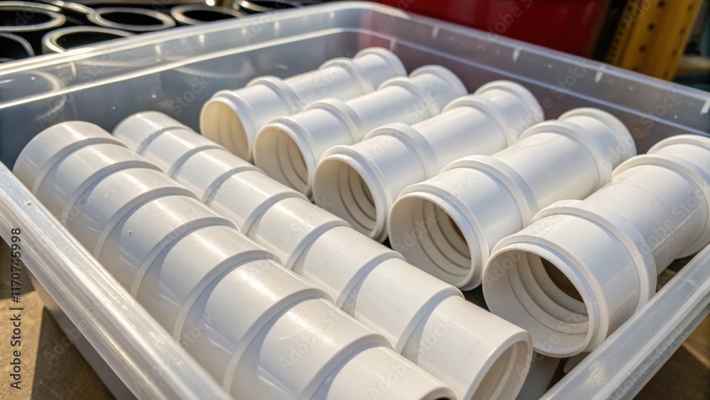 Aufkleber A closeup of a stylized arrangement of PVC couplers in a clear bin some partially stacked and some p side by side creating a dynamic visual rhythm. The natural light creates