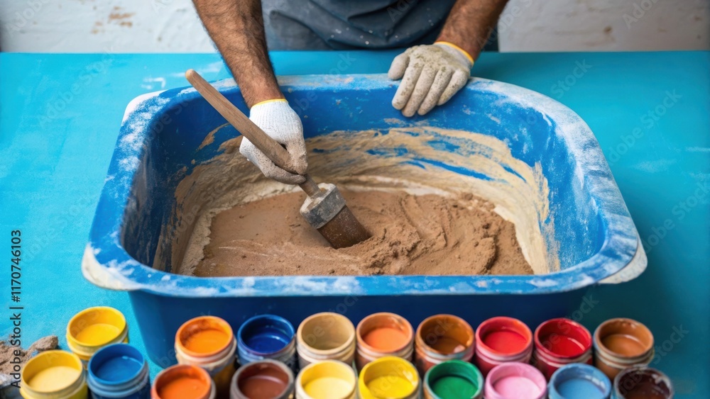 Poster a closeup of a workers hands skillfully blending a batch of stucco in a weathered tub the earthy ton