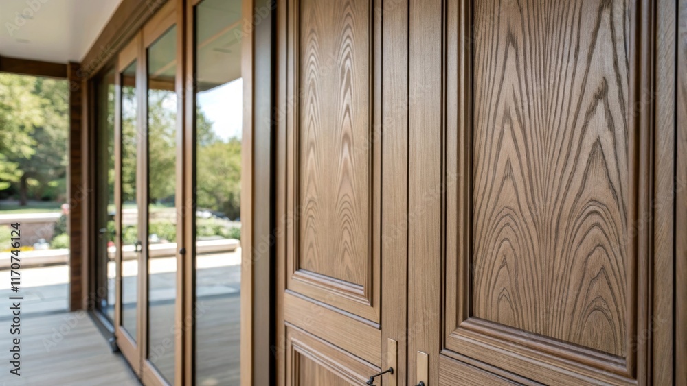 Aufkleber A closeup of bifold door panels displaying their smooth textured surface with elegant wood grain patterns highlighted by natural light streaming in creating a harmonious blend of