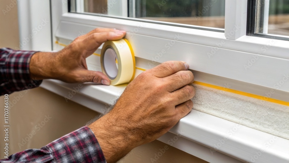 Poster A closeup of a workers hands expertly applying the sealing tape to a window frame showcasing the importance of precision in the renovation. The worn hands contrast with the fresh