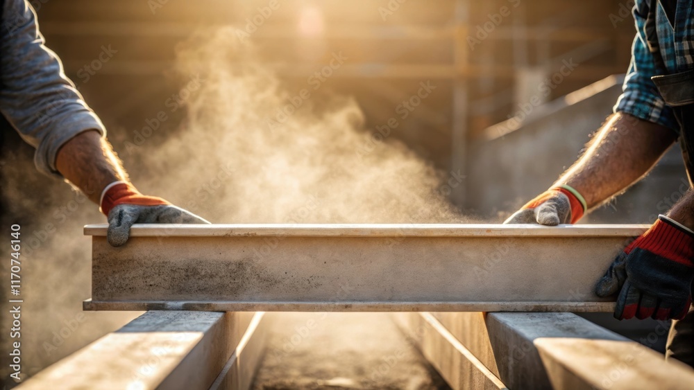 Poster a closeup of construction workers hands guiding a precast concrete beam into position showcasing the