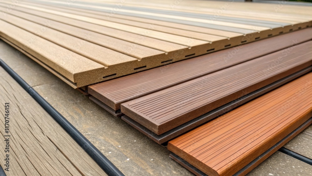 Aufkleber a closeup of edges from a variety of composite decking boards showcasing their interlocking design a