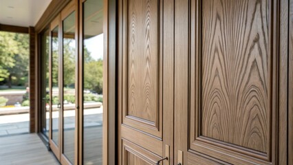 A closeup of bifold door panels displaying their smooth textured surface with elegant wood grain patterns highlighted by natural light streaming in creating a harmonious blend of