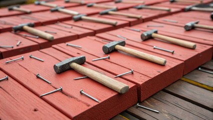 A closeup of hammers and nails tered across the wooden platform of the scaffold surrounded by planks that are meticulously arranged for installation. The reddish hue of the wood