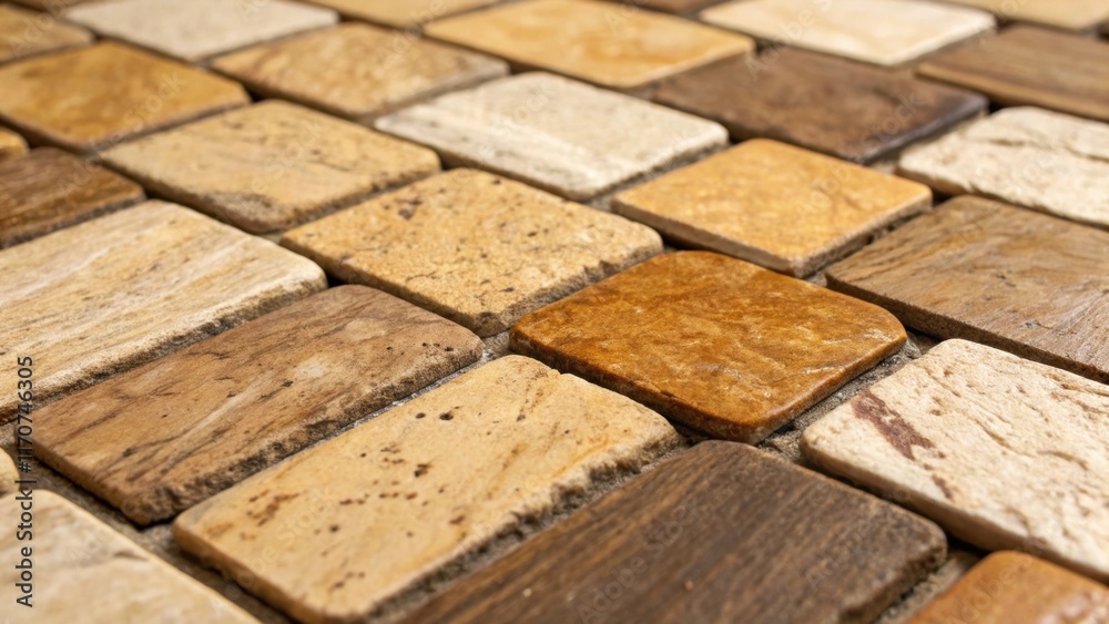 Poster A closeup of mosaic tiles made from natural stone in earthy hues with a focus on the unique ing and textures of each piece. The variation in color and texture adds an artisanal