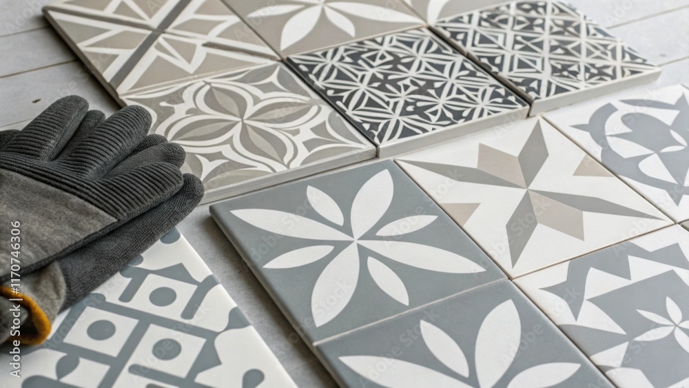 Leinwandbilder a closeup of patterned porcelain tile sheets featuring geometric designs in shades of gray and white