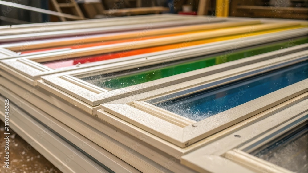 Poster A closeup of several sliding window sashes stacked neatly with the protective film reflecting a palette of colors from the workshop environment. Dust particles catch the light