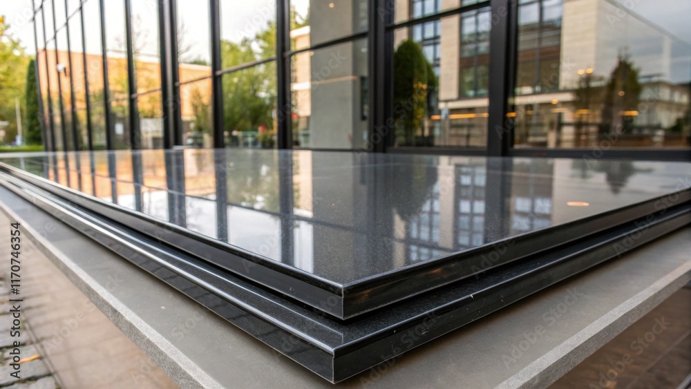 Poster A closeup of sleek highgloss acrylic panels with a mirrored finish reflecting the surrounding elements. The smooth surface contributes to a chic contemporary feel while the