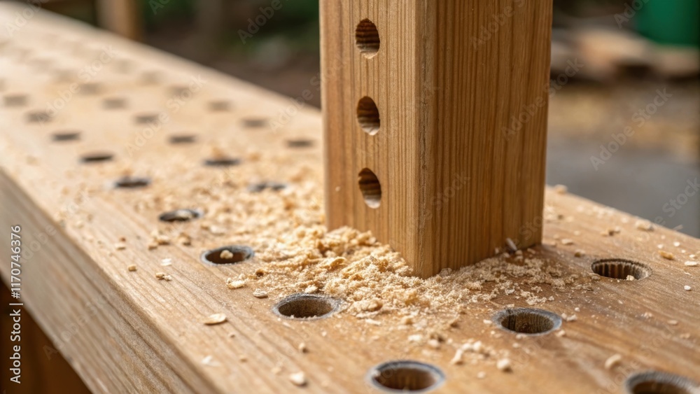 Poster a closeup of the drill holes in a sy wooden post revealing shavings and fine wood dust tered around.