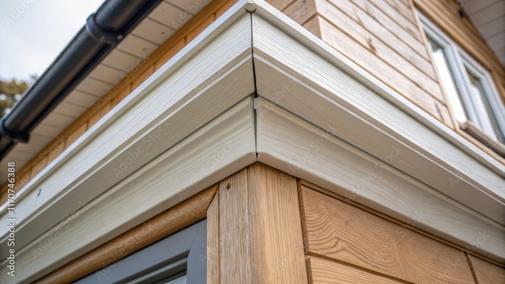 Aufkleber A closeup of the corner joint of the cladding demonstrating how the weatherproof coating continues around the edges ensuring comprehensive protection. The intricate detailing of
