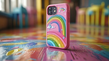 Colorful phone case with rainbow design sits on a vibrant art floor in a playful space filled with cheerful atmosphere. Generative AI