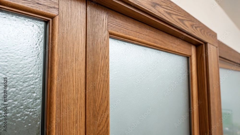 Poster a closeup of the edge of a frosted glass partition transitions to a wooden door frame showcasing the