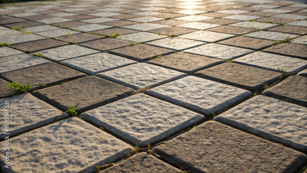 Poster A closeup of the grid paver arrangement where sunlight catches the surface revealing intricate stone grain patterns. The contrasts between lighter and darker pavers create a