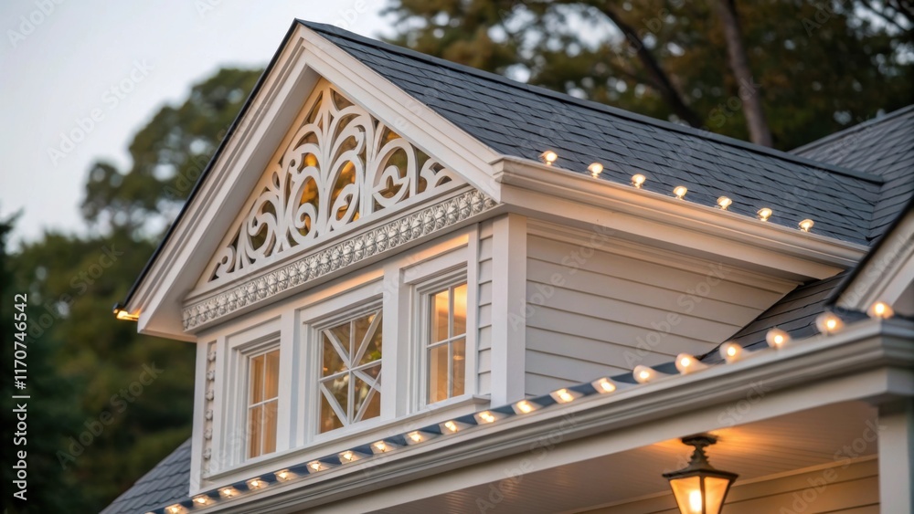 Poster a closeup of the elegant exterior of a prefabricated dormer adorned with decorative elements like tr