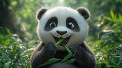 Obraz premium Adorable Panda Cub Enjoying Bamboo in Lush Greenery