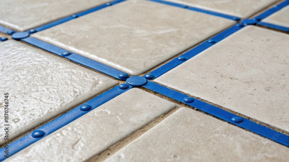 Poster A closeup of the intersecting edges of two tiles revealing how the blue spacers maintain alignment. Grout smears along the edges emphasize the detailed craftsmanship required while