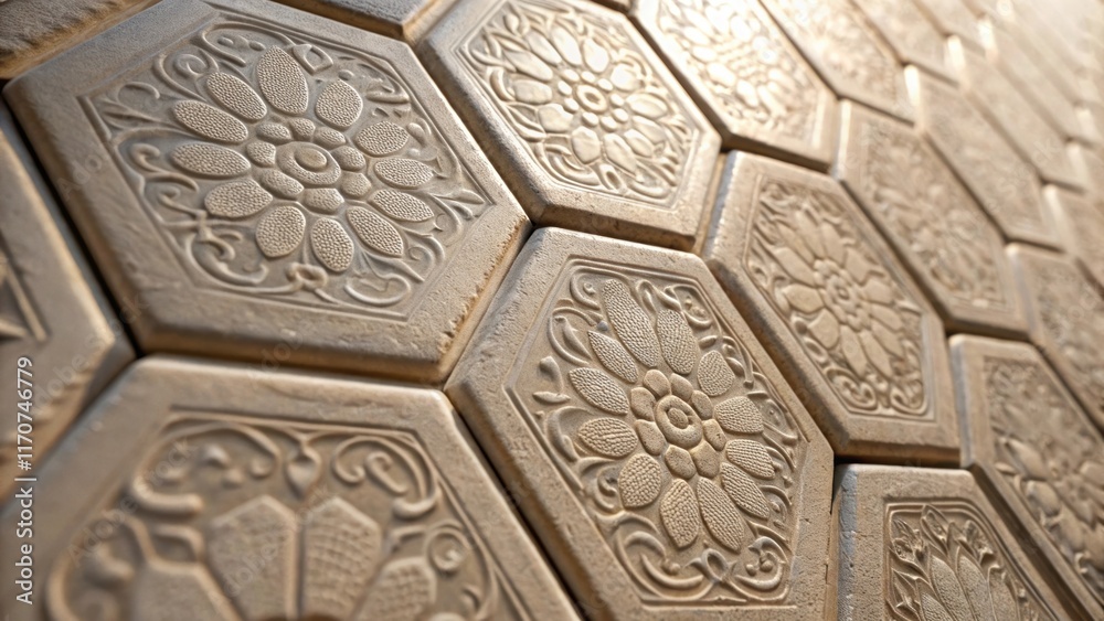 Poster A closeup of the hexagonal tiles showcases their textured surface embellished with delicate intricate patterns that add depth and character. The interplay of light and shadow