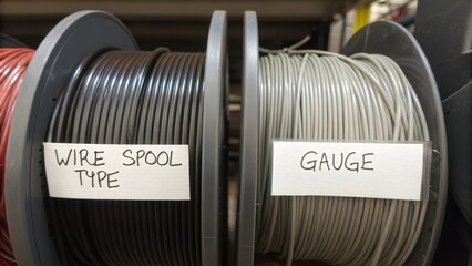 A closeup of the labels on each wire spool featuring handwritten notes indicating the type and gauge of each wire. This detailed shot reflects the personalized aspect of the