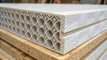 A closeup of the profile of a drywall panel featuring specialized sounddampening features. The intricate layers can be seen each designed to absorb sound waves while the framing