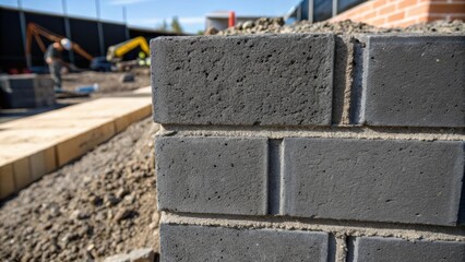 A closeup of the mortar joints between cinder blocks the grey mortar contrasting with the dark hue of the blocks showcasing the craftsmanship involved in the renovation. Slightly