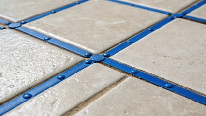 A closeup of the intersecting edges of two tiles revealing how the blue spacers maintain alignment. Grout smears along the edges emphasize the detailed craftsmanship required while