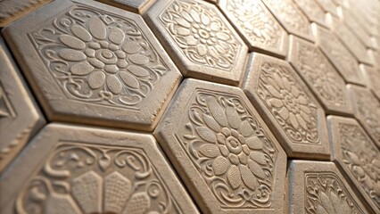 A closeup of the hexagonal tiles showcases their textured surface embellished with delicate intricate patterns that add depth and character. The interplay of light and shadow
