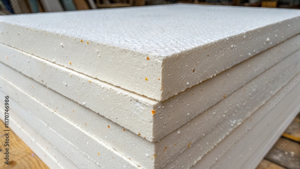 Aufkleber A closeup on the corner of a stacked foam insulation sheet revealing the slight wear on its edge from handling. Tiny particles of dust cling to its surface adding a sense of