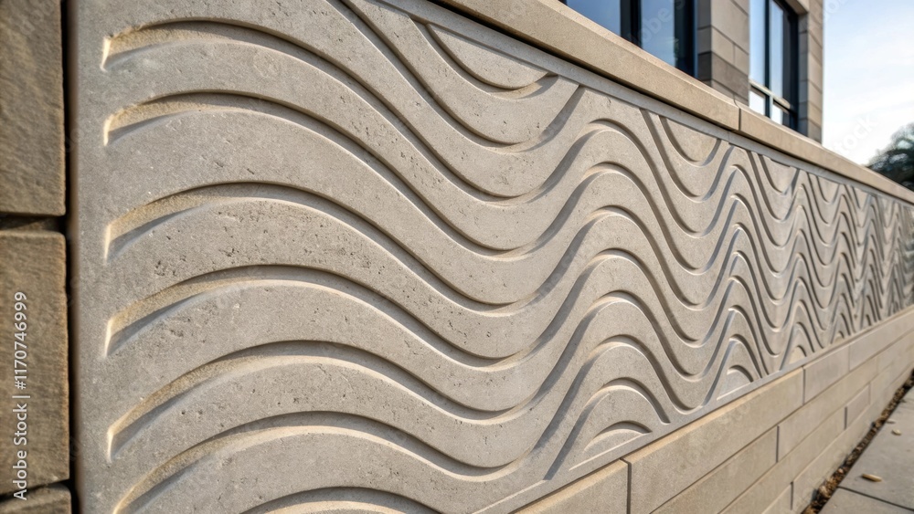 Poster A closeup on the final textured finish of a precast concrete panel featuring the artistic imprints that resemble flowing waves. The smooth elements contrast with the rough edges