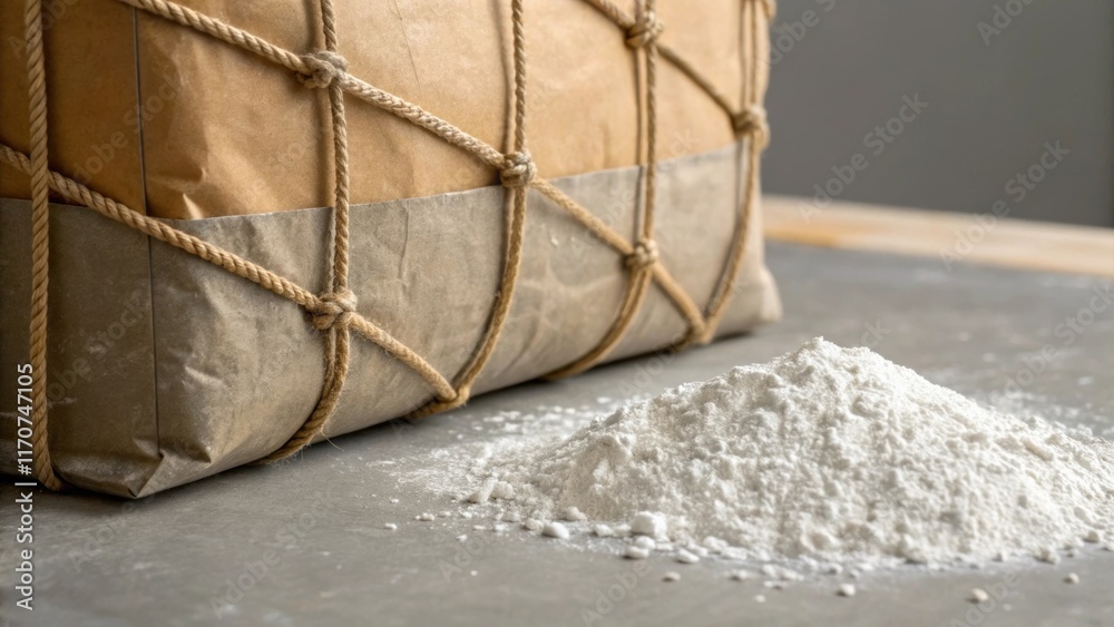 Poster a closeup on the strings of a cement bag as they are being untied revealing a cascade of powder gent