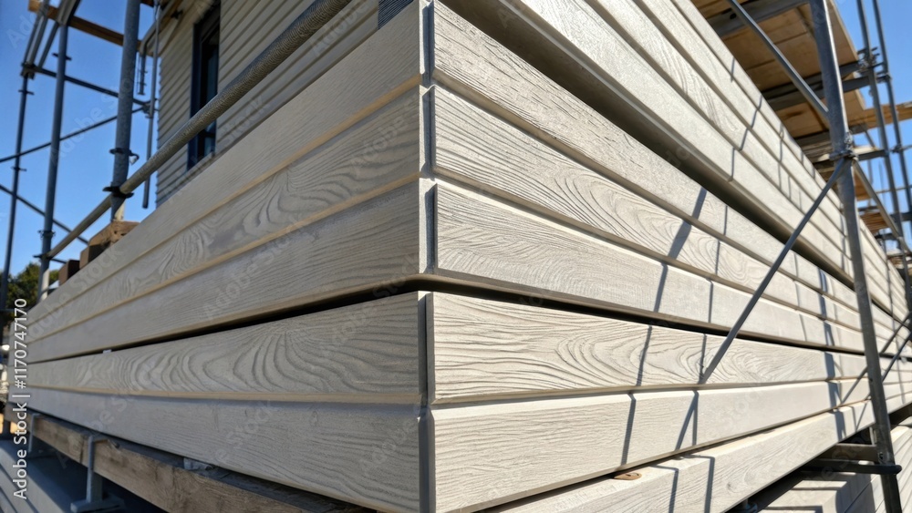 Aufkleber A closeup reveals the intricate detailing of the fiber cement siding with clean lines and a subtle grain pattern. The panels stacked at various angles on the scaffolding create a
