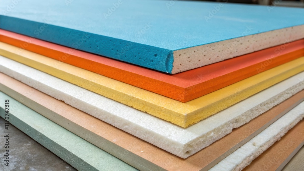 Poster a closeup shot focusing on the edges of the rigid foam insulation boards where the ting lines meet t