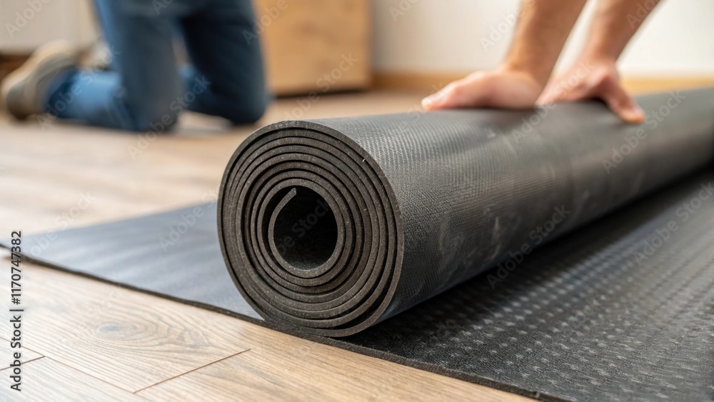 Poster a closeup shot highlights the lightweight nature of the rolled rubber underlayment as it is easily h