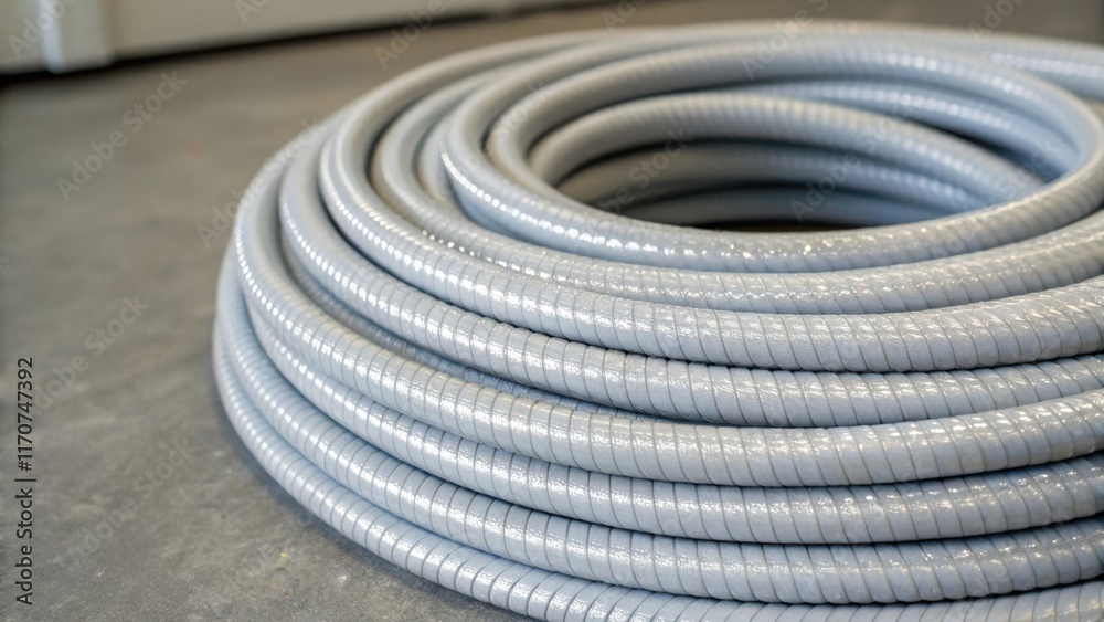 Poster A closeup shot of a single coil of flexible electrical conduit emphasizing its smooth texture and the subtle sheen on its surface