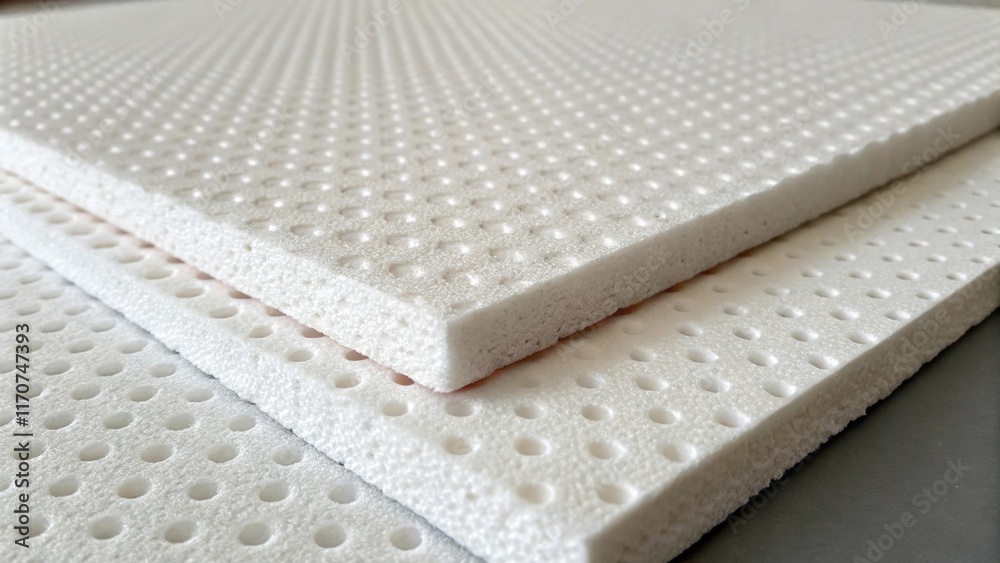 Aufkleber A closeup shot of a single foam insulation sheet slightly lifted revealing the intricate dotted texture on its underside. The edges are crisp and clean emphasizing the precision