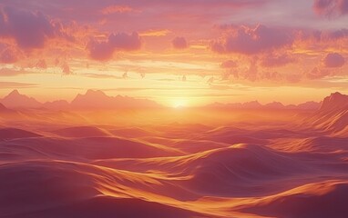 Fototapeta premium Dramatic Sunset over Rolling Desert Dunes and Mountain Range - Epic Golden Hour Landscape Photography